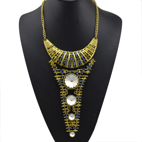 N-3562 European style vintage gold chain metallic crescent with long triangle pendant big round crystal geometry choker necklace earrings set