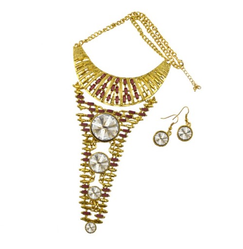 N-3562 European style vintage gold chain metallic crescent with long triangle pendant big round crystal geometry choker necklace earrings set