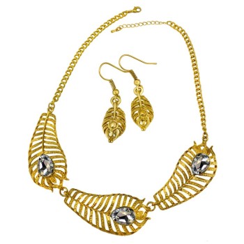 N-3570 New Arrived Vintage Gold Alloy Hollow Out Feather Shape Drop Crystal Earring Necklace