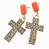E-3016European Fashion Gold plated Metal Pink Gem Rhinestone Cross Dangle Earrings