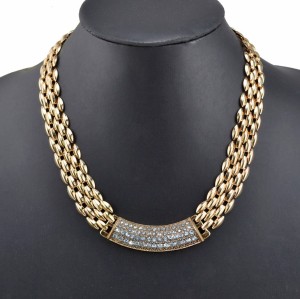 N-3577 New Arrived Fashion European Gold Plated Metal Flat Chain Rhinestone Pendant Necklace