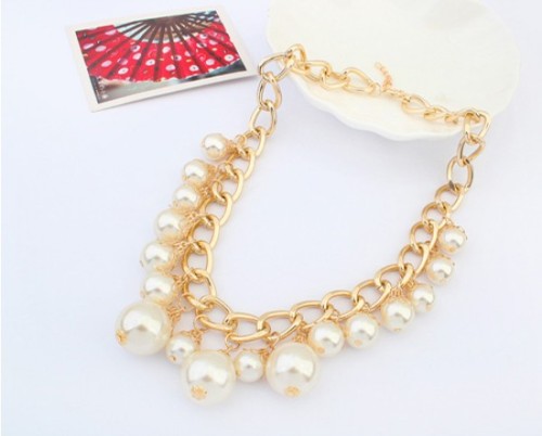 N-3583 European Style Gold Plated Link Chain Flower White Black 2 Colors Pearl Beads Tassels Necklace
