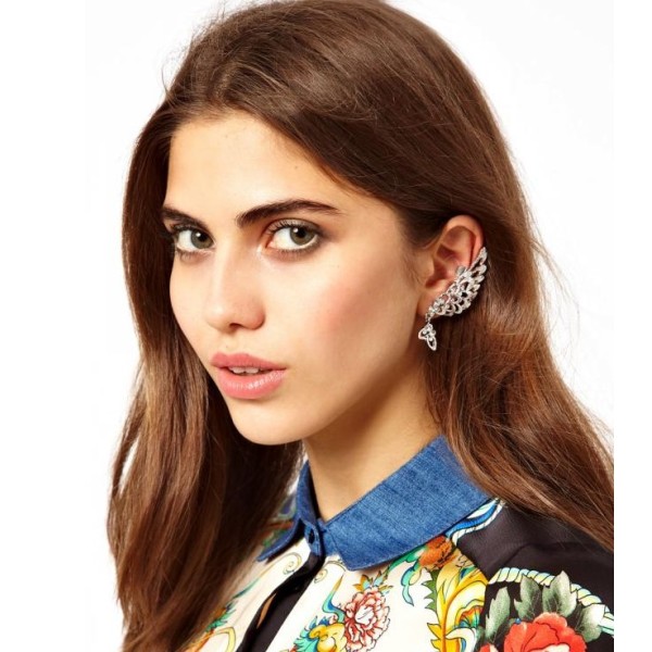 E-3020 European Fashion Silver Plated Metal Rhinestone Hollow Feather Wing Ear Clip