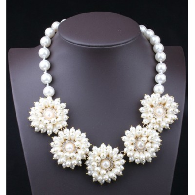 N-3586 European Style Gold Plated Alloy Pearl Chain Drop Clear Rhinestone Flower Necklace Wedding Jewelry