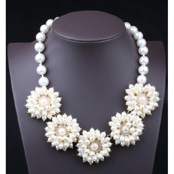 N-3586 European Style Gold Plated Alloy Pearl Chain Drop Clear Rhinestone Flower Necklace Wedding Jewelry