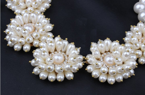 N-3586 European Style Gold Plated Alloy Pearl Chain Drop Clear Rhinestone Flower Necklace Wedding Jewelry