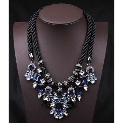 N-3590 European Style Gun Black Alloy  Double Chain Blue Red Square Drop Crystal Rhinestone Flower Necklace