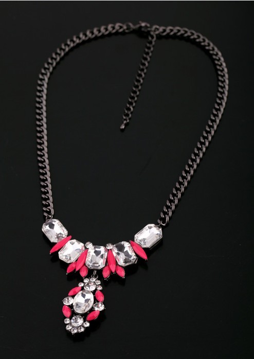 N-3588 European Style Gun Black Alloy Chain fluorescence color Resin Gem Crystal Flower Pendant Necklace