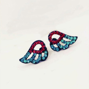 E-3026 Fashion  Black Metal Blue Red Rhinestone Angel Wing Stud Earrings