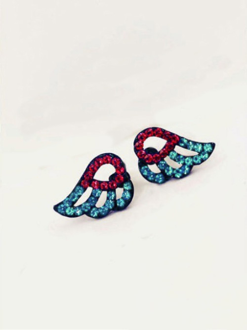 E-3026 Fashion  Black Metal Blue Red Rhinestone Angel Wing Stud Earrings