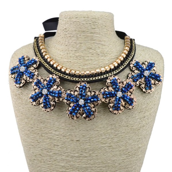 N-3596 Fashion retro style black silk chain vintage hollow out flower with royalblue rhinestone pendant cotton false collar necklace