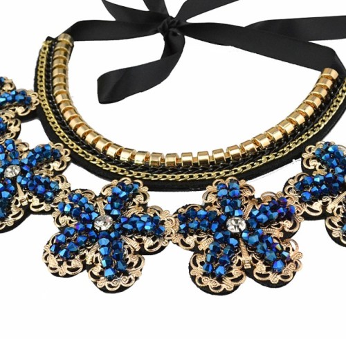 N-3596 Fashion retro style black silk chain vintage hollow out flower with royalblue rhinestone pendant cotton false collar necklace