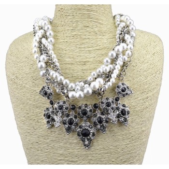 N-1644 European Vintage Style Multilayer Pearl Alloy Chains Rhinestone Flower Pendant  Necklace