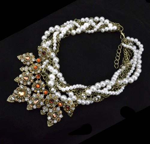 N-1644 European Vintage Style Multilayer Pearl Alloy Chains Rhinestone Flower Pendant  Necklace