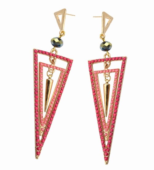 E-3031 Fashion Gold Plated Metal  Pink Green  Beads Rivet Geometry Trangle Stud Dangel Earrings