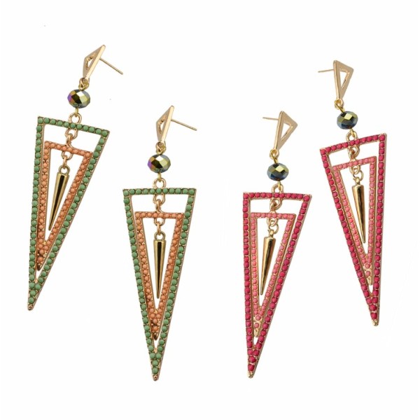 E-3031 Fashion Gold Plated Metal  Pink Green  Beads Rivet Geometry Trangle Stud Dangel Earrings