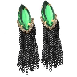E-3030 Fashion Gold Plated Metal Green Crystal Black Chains Tassels Stud Dangel Earrings