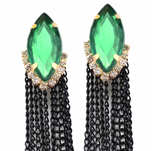 E-3030 Fashion Gold Plated Metal Green Crystal Black Chains Tassels Stud Dangel Earrings