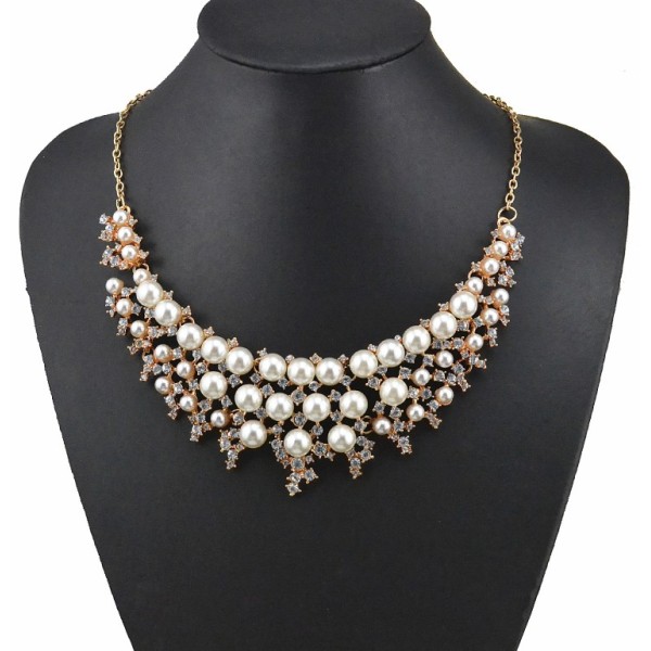 N-3599 Fashion Korea Style Gold Plated Alloy White/colorful Pearl Clear Rhinestone Flower Wedding Necklace