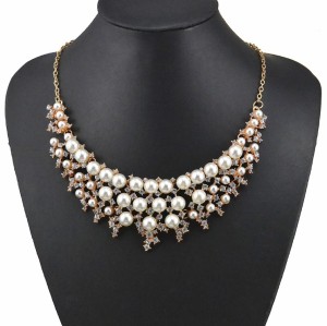 N-3599 Fashion Korea Style Gold Plated Alloy White/colorful Pearl Clear Rhinestone Flower Wedding Necklace