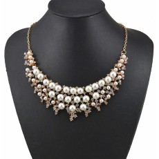 N-3599 Fashion Korea Style Gold Plated Alloy White/colorful Pearl Clear Rhinestone Flower Wedding Necklace