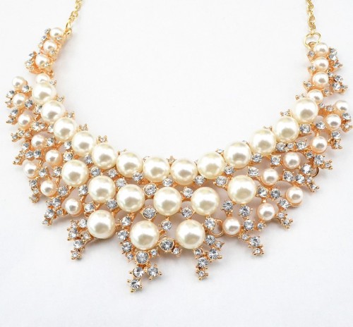 N-3599 Fashion Korea Style Gold Plated Alloy White/colorful Pearl Clear Rhinestone Flower Wedding Necklace