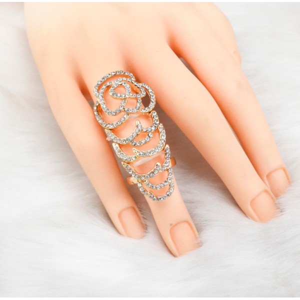 R-1110 New Arrival Fashion Charming Silver Gold Plated Alloy  Rhinestone Rose Flower Double Ring