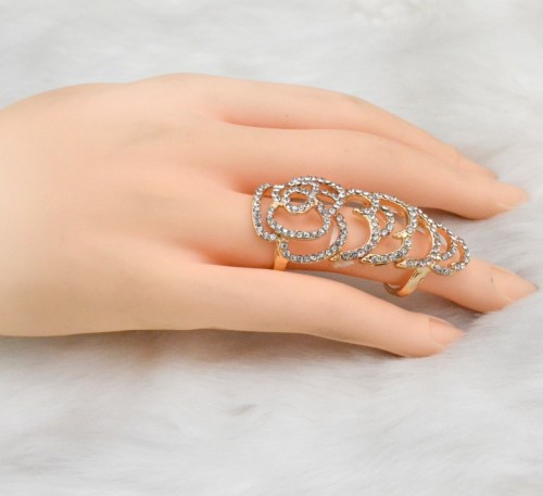 R-1110 New Arrival Fashion Charming Silver Gold Plated Alloy  Rhinestone Rose Flower Double Ring