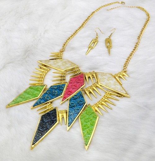 N-3607 European Style Gold Plated Metal Rivets Acrylic Geometry Pendant Necklace Earring Set