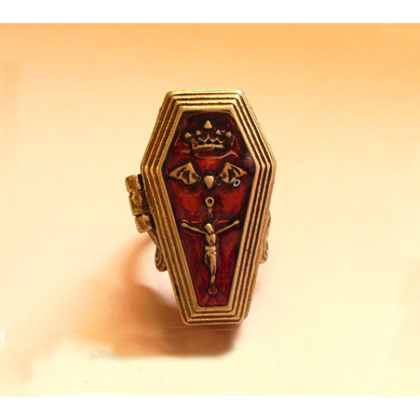 R-0244 New Arrival Vintage Style Silver Bronze Alloy Enamel Crown Bat Cross Jesus Coffin Box Ring