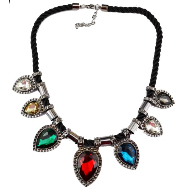 N-3608 Korea Style Black Ribbon Chain Gun Black Alloy Big Drop Crystal Pendant Necklace