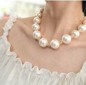 N-1665 Korea Style Drill Big Pearl Ball With Rhinestones Exaggerated Fashion Clavicle Necklace