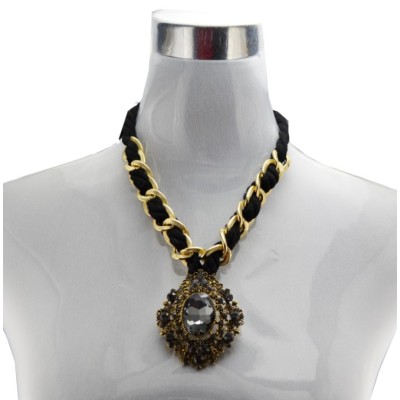 N-3615 Fashion Style Alloy Ribbon Chain Rhinestone Crystal Hollow Out Flower Pendant Necklace