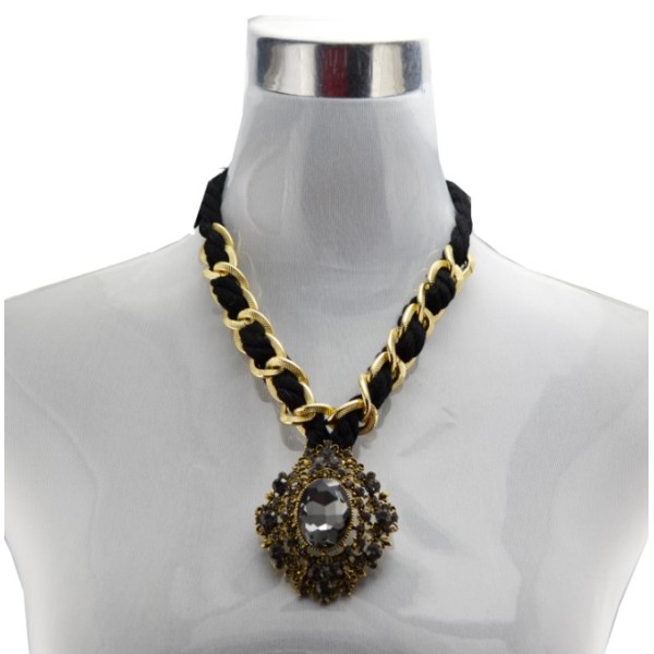 N-3615 Fashion Style Alloy Ribbon Chain Rhinestone Crystal Hollow Out Flower Pendant Necklace