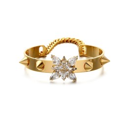 B-0328 New Arrival European Punk Style Gold Plated Chain Rivets Crystal Flower Cuff Bangel Bracelet