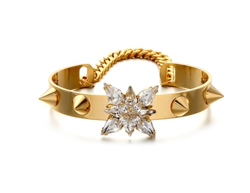 B-0328 New Arrival European  Punk Style Gold Plated Chain Rivets Crystal Flower Cuff Bangel Bracelet