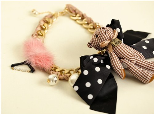 N-3618 Fashion Charming lovely Feather bowknot Bear Pendant Choker Necklace