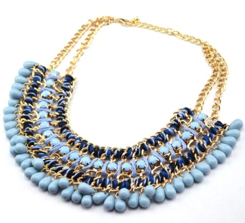 N-3619 Fashion Gold Plated Alloy Double Chain Resin Gem Drop Tassels Choker Necklace