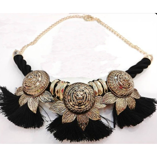 N-3623 Vintage Style Gold Plated Alloy Lion Head Leaves String Tassels Necklace