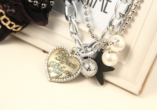 N-3625 New European Style Silver Plated CCB Link Chain Pear Star Rhinestone Letter Heart Cute Rabbit Pendant Necklace