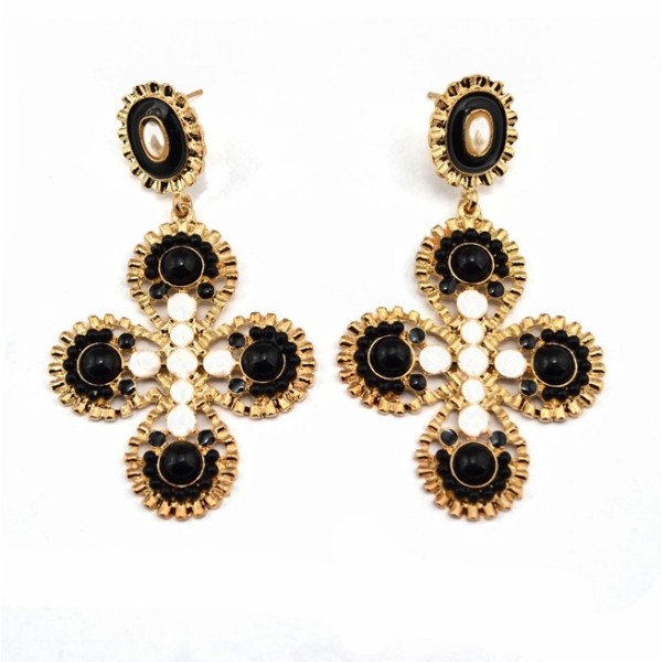 E-0303 Korea Style Gold Plated Alloy Resin Gem Enamel Flower Stud Dangel Earrings