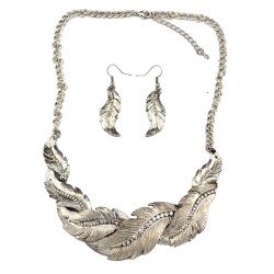 N-1904 New Vintage Style Feather Shape Rhinestone Pendant Necklace Earring Set