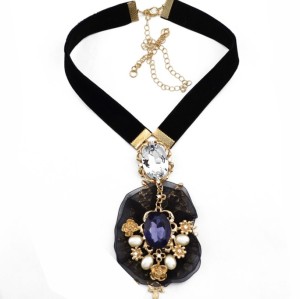 N-3628 New Korea Style Gold Plated Alloy Ribbon Chain Rhinestone Pearl Lace Crystal Flower Pendant Necklace