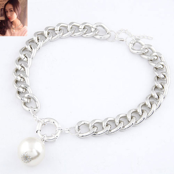 N-3633 New Korea Style 3Colors CCB Link Chain Big Clasp Pearl Pendant Necklace