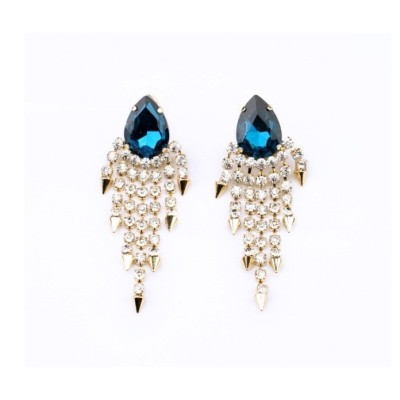 E-3063  European Style Gold Plated Alloy Blue Drop Crystal Rhinestone Rivets Tassels Dangel Earring