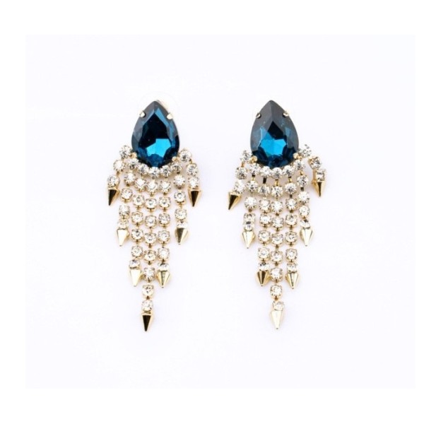 E-3063  European Style Gold Plated Alloy Blue Drop Crystal Rhinestone Rivets Tassels Dangel Earring