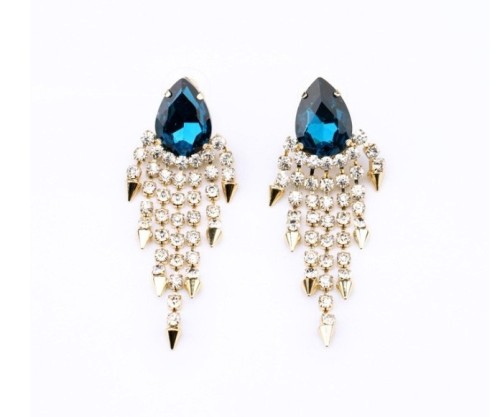 E-3063  European Style Gold Plated Alloy Blue Drop Crystal Rhinestone Rivets Tassels Dangel Earring