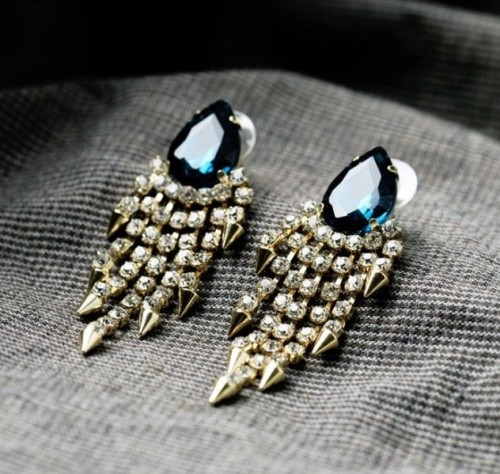 E-3063  European Style Gold Plated Alloy Blue Drop Crystal Rhinestone Rivets Tassels Dangel Earring