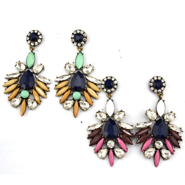E-3060  European Style Bronze Alloy Drop Resin Gem Crystal Rhinestone Flower Stud Earrings