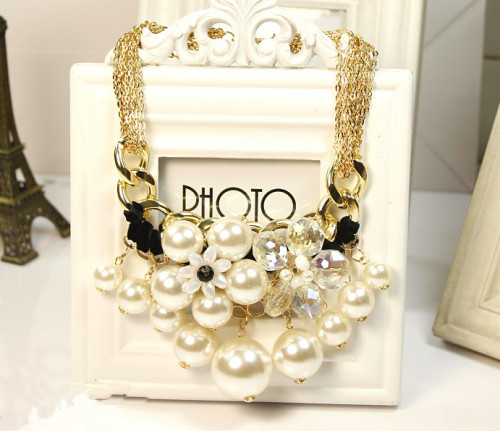 N-3751  Fashion Style Multilayer Chains Crystal Pearl Flower Tassels Necklace